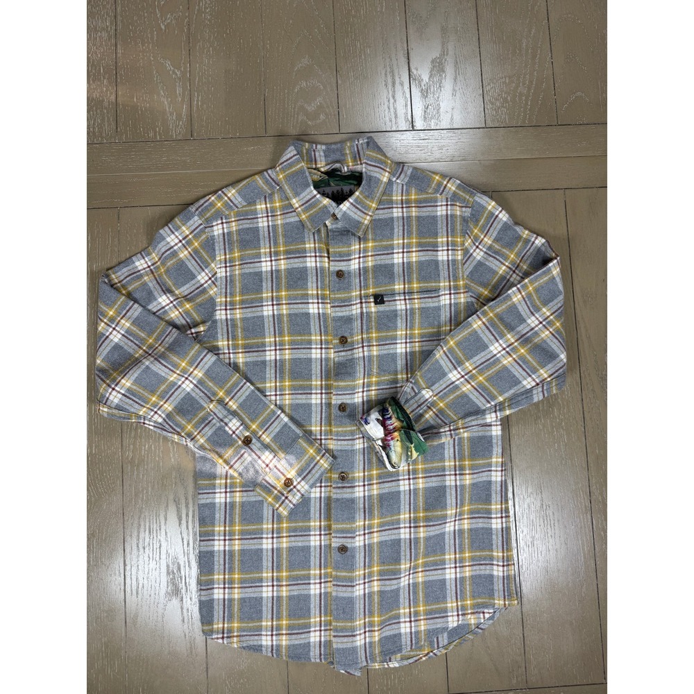 Pladra Flannel Shirt‎ Mens Small Gray Yellow Plaid Fish Print Lining Long Sleeve